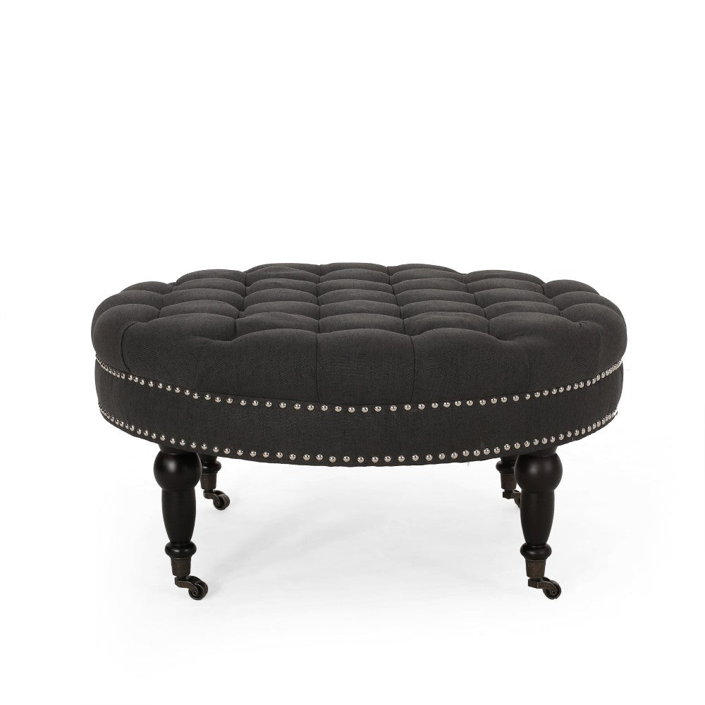 Romani Rolling Ottoman Tufted Black Fabric Nailhead Trim 35’’ Round BM324988
