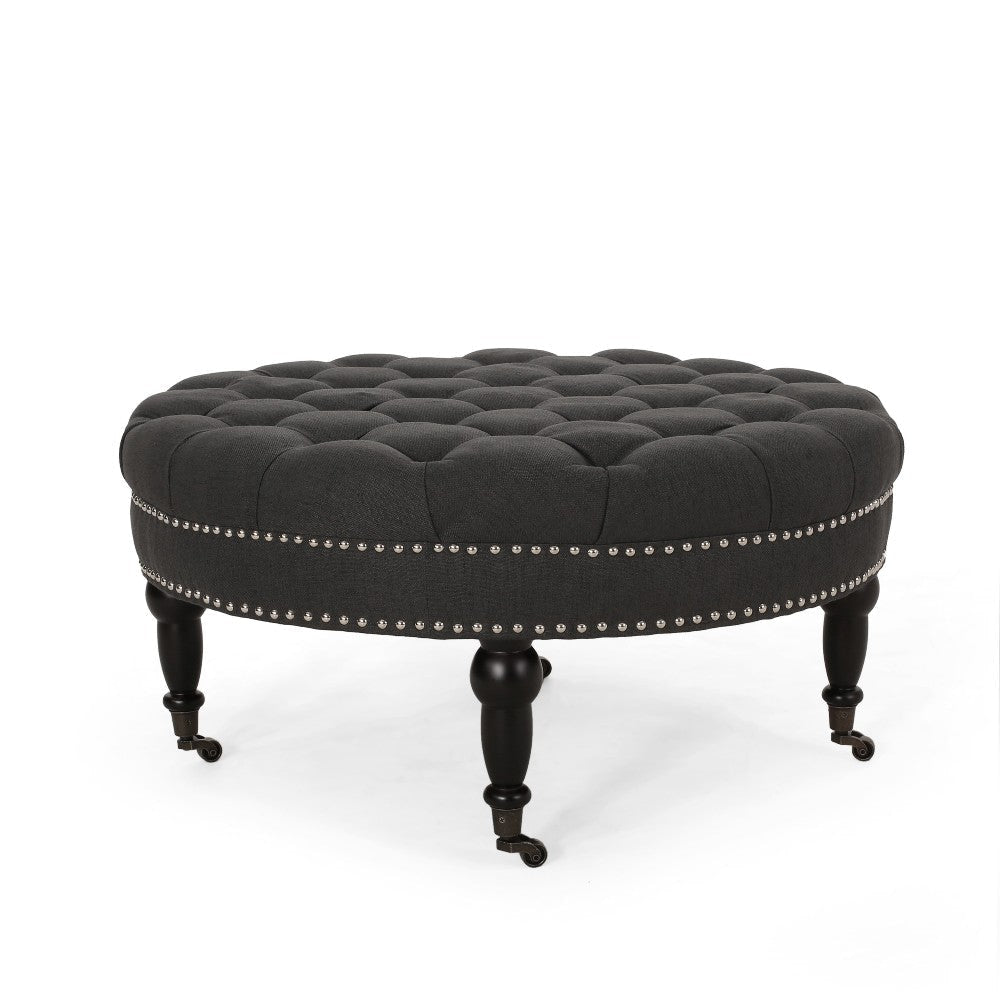 Romani Rolling Ottoman Tufted Black Fabric Nailhead Trim 35’’ Round BM324988