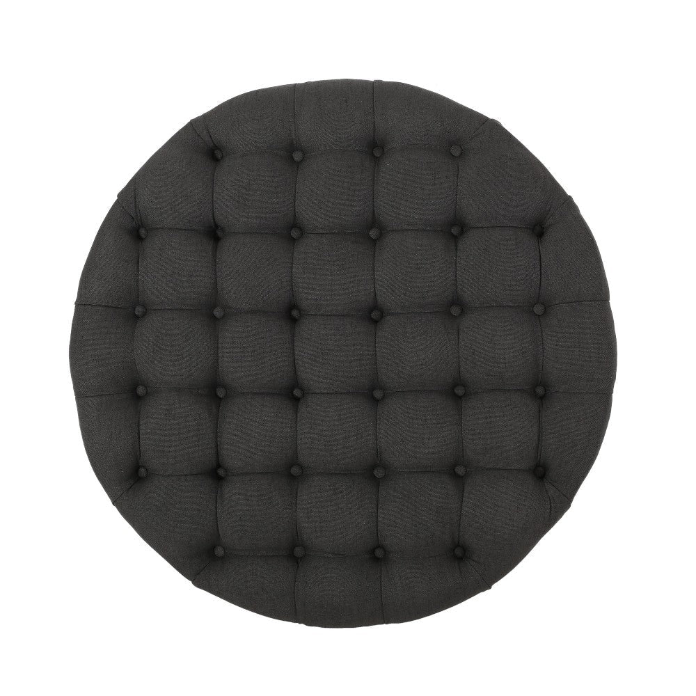 Romani Rolling Ottoman Tufted Black Fabric Nailhead Trim 35’’ Round BM324988