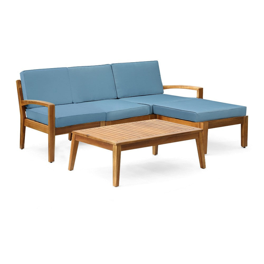 Creta 5pc Outdoor Sectional Sofa and Slatted Coffee Table, Light Blue