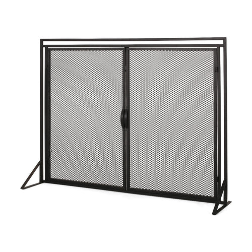 Fireplace Screen, 2 Doors, Open Diamond Mesh Design, Matte Black Iron