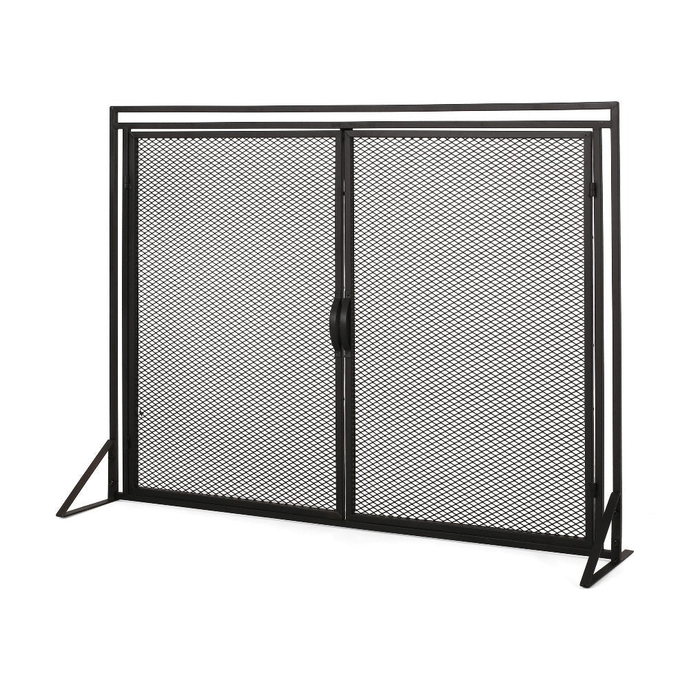 Fireplace Screen, 2 Doors, Open Diamond Mesh Design, Matte Black Iron
