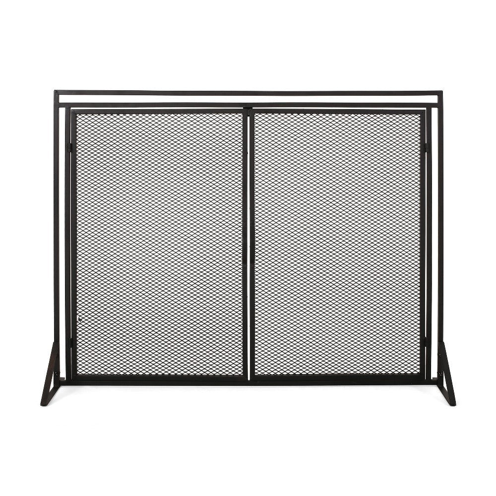 Fireplace Screen 2 Doors Open Diamond Mesh Design Matte Black Iron BM324999
