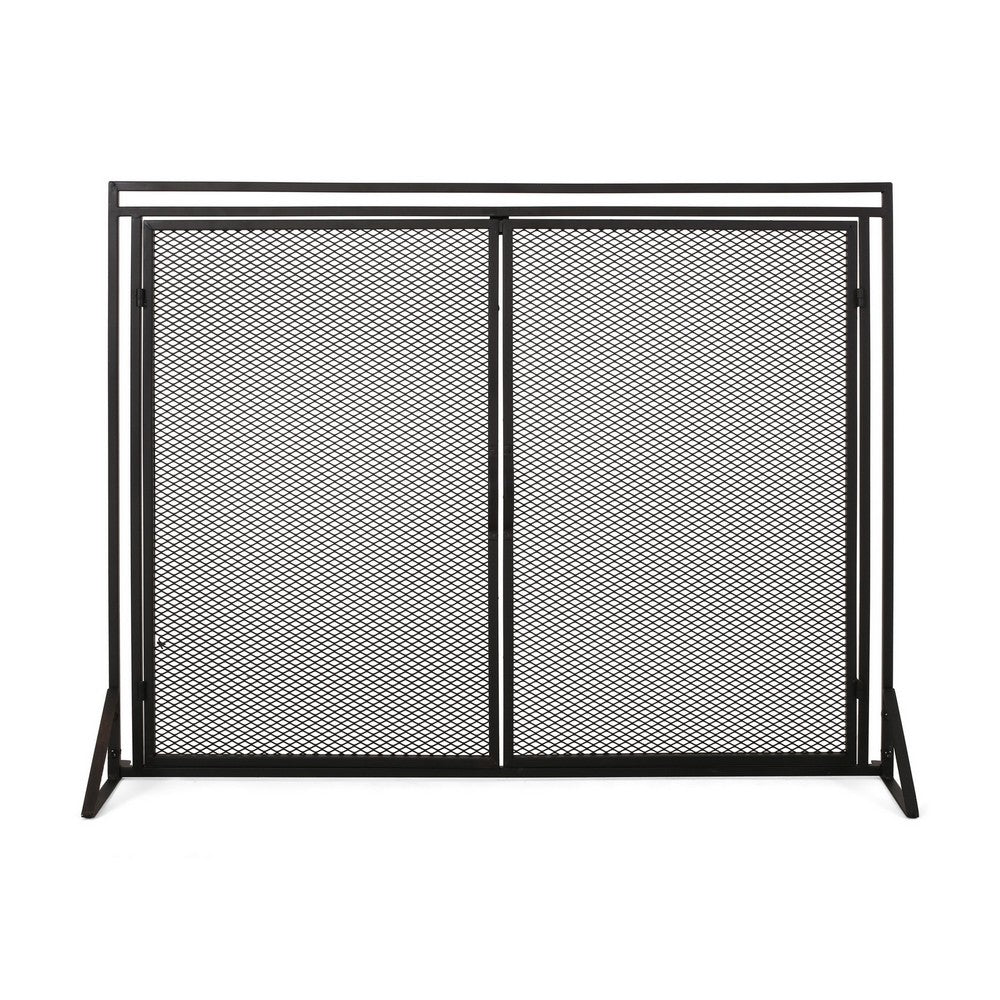 Fireplace Screen, 2 Doors, Open Diamond Mesh Design, Matte Black Iron