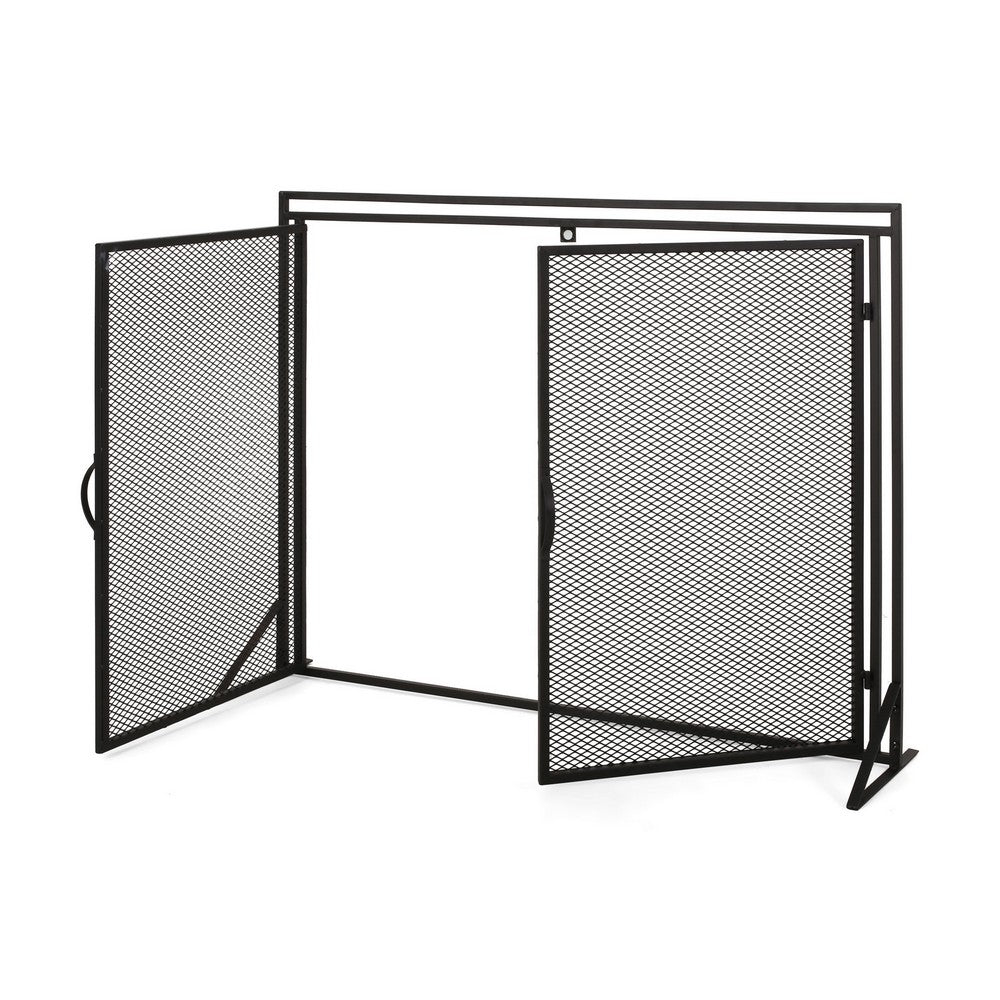 Fireplace Screen, 2 Doors, Open Diamond Mesh Design, Matte Black Iron