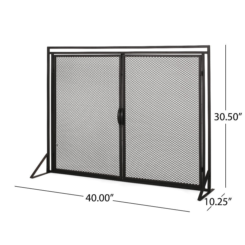 Fireplace Screen 2 Doors Open Diamond Mesh Design Matte Black Iron BM324999