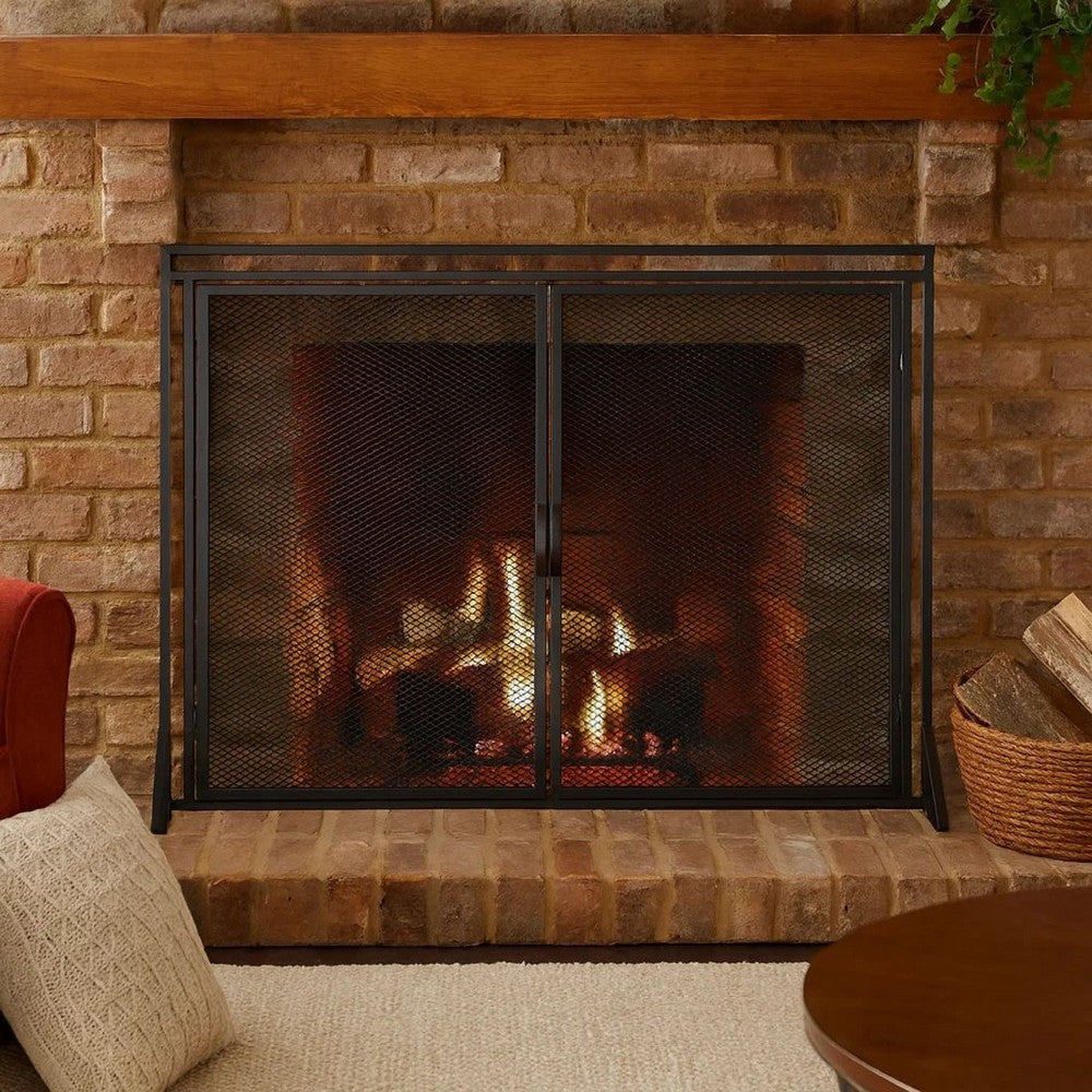 Fireplace Screen, 2 Doors, Open Diamond Mesh Design, Matte Black Iron