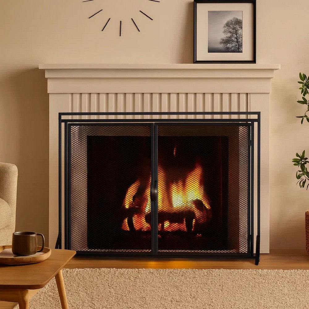 Fireplace Screen, 2 Doors, Open Diamond Mesh Design, Matte Black Iron