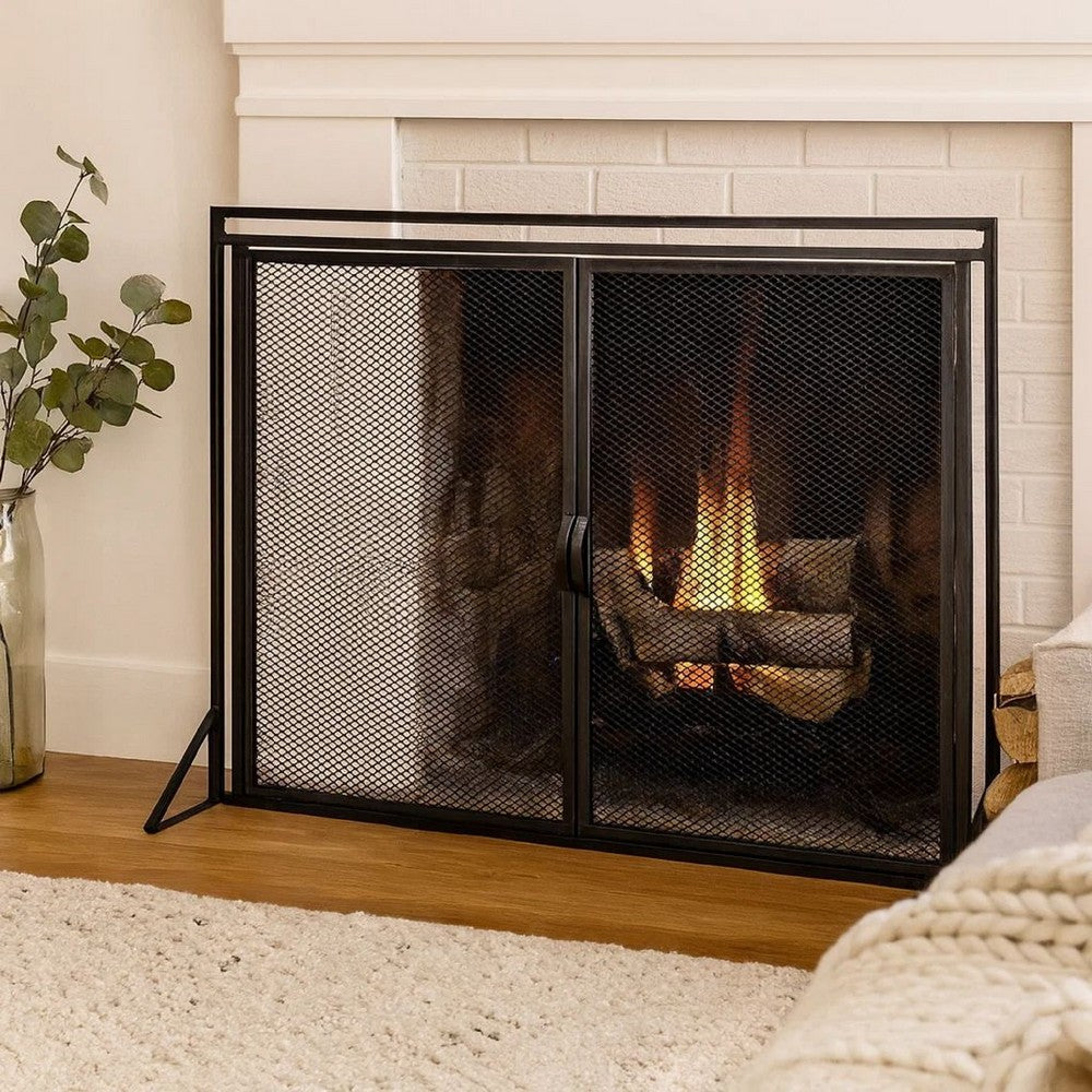 Fireplace Screen, 2 Doors, Open Diamond Mesh Design, Matte Black Iron