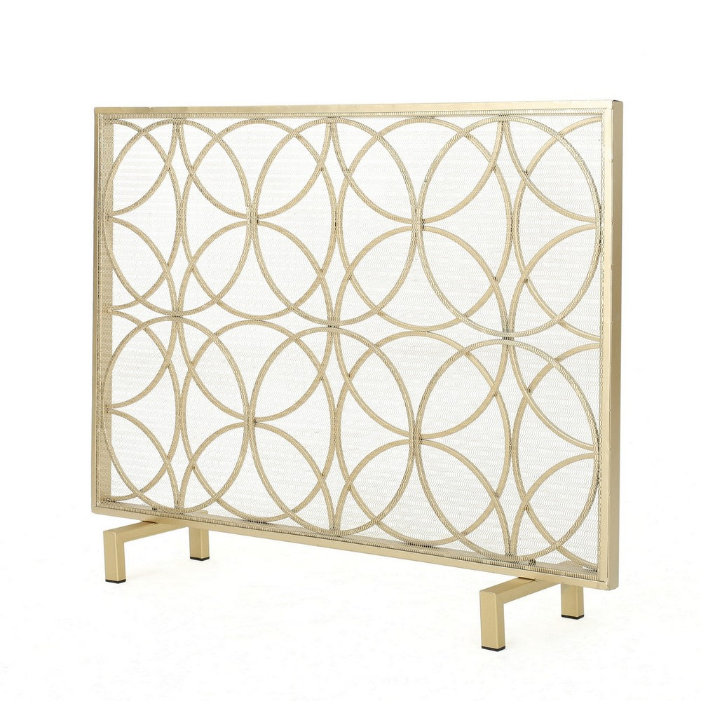 Gold Fireplace Screen, Single Panel Overlapping Circle Design, 41x31