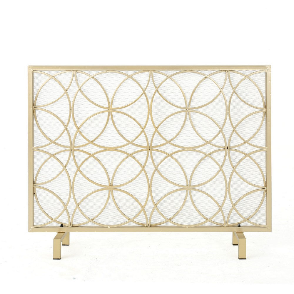 Gold Fireplace Screen, Single Panel Overlapping Circle Design, 41x31