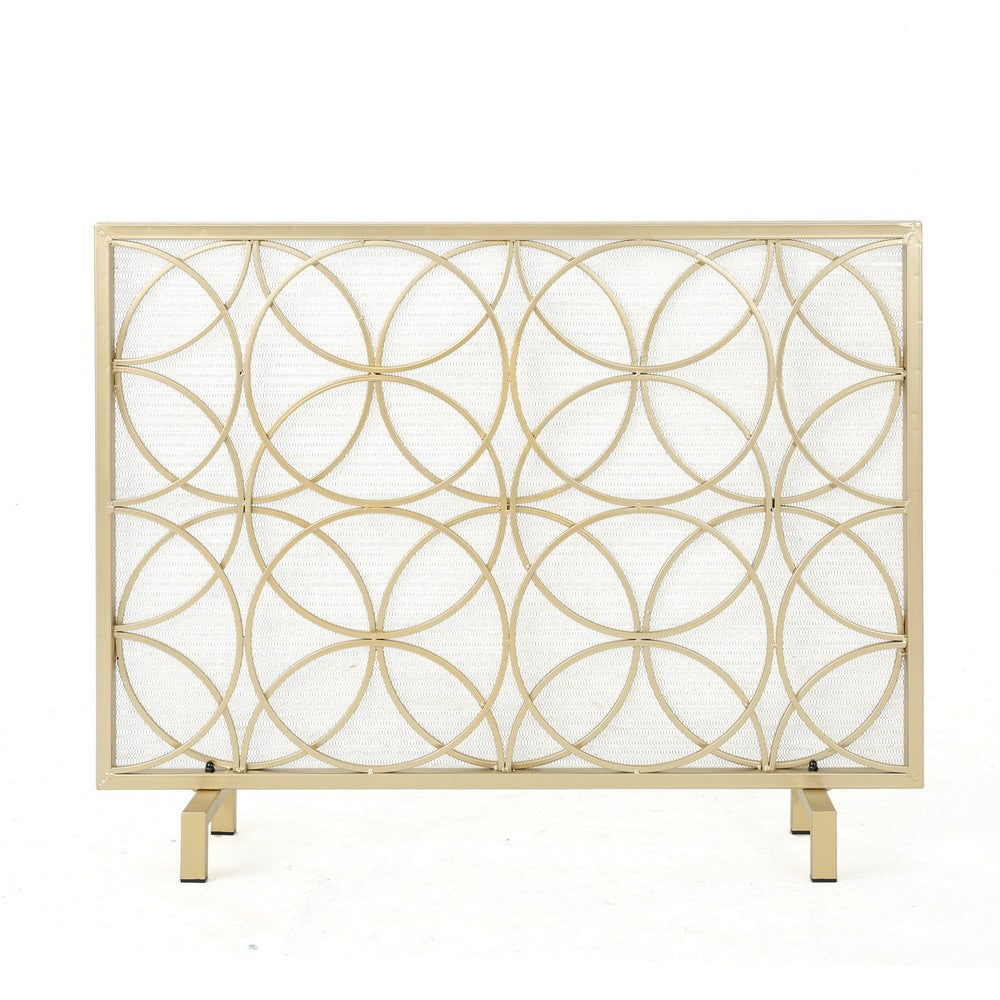 Gold Fireplace Screen, Single Panel Overlapping Circle Design, 41x31