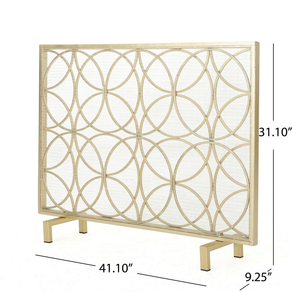 Gold Fireplace Screen, Single Panel Overlapping Circle Design, 41x31