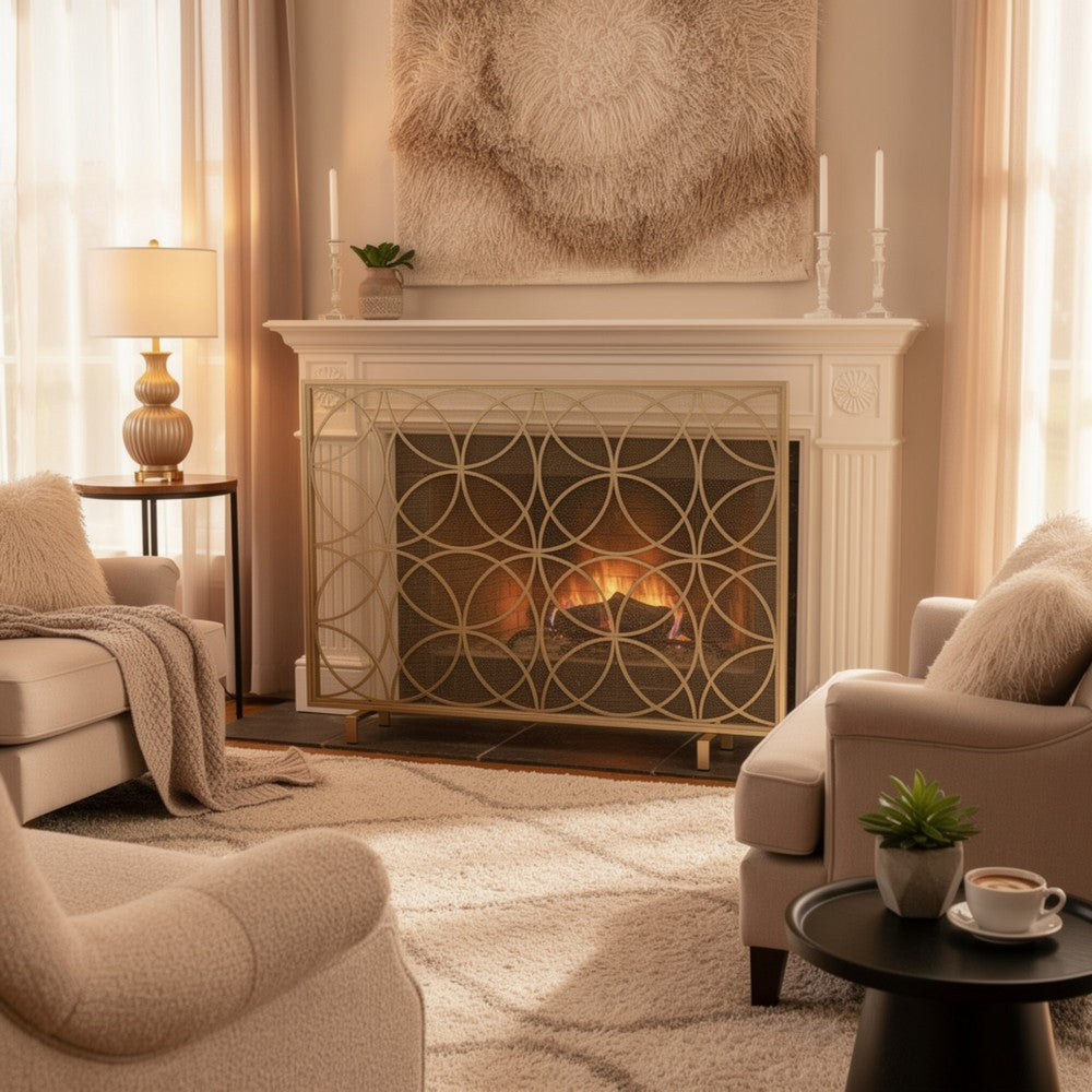 Gold Fireplace Screen, Single Panel Overlapping Circle Design, 41x31