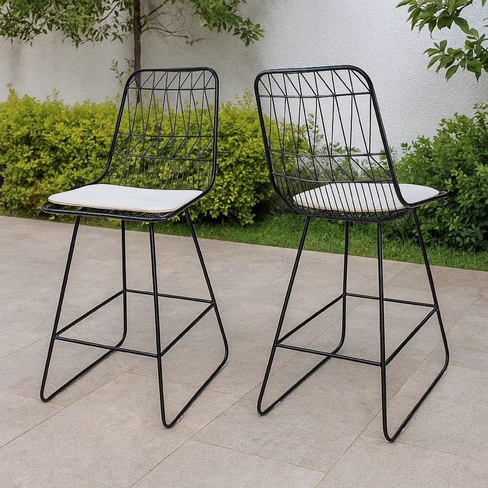 Outdoor Counter Stool Chair Set of 2, Black Iron Frame Construction
