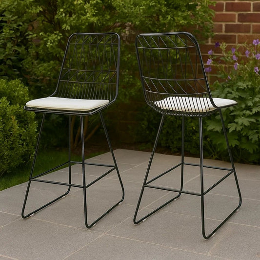 Outdoor Counter Stool Chair Set of 2, Black Iron Frame Construction
