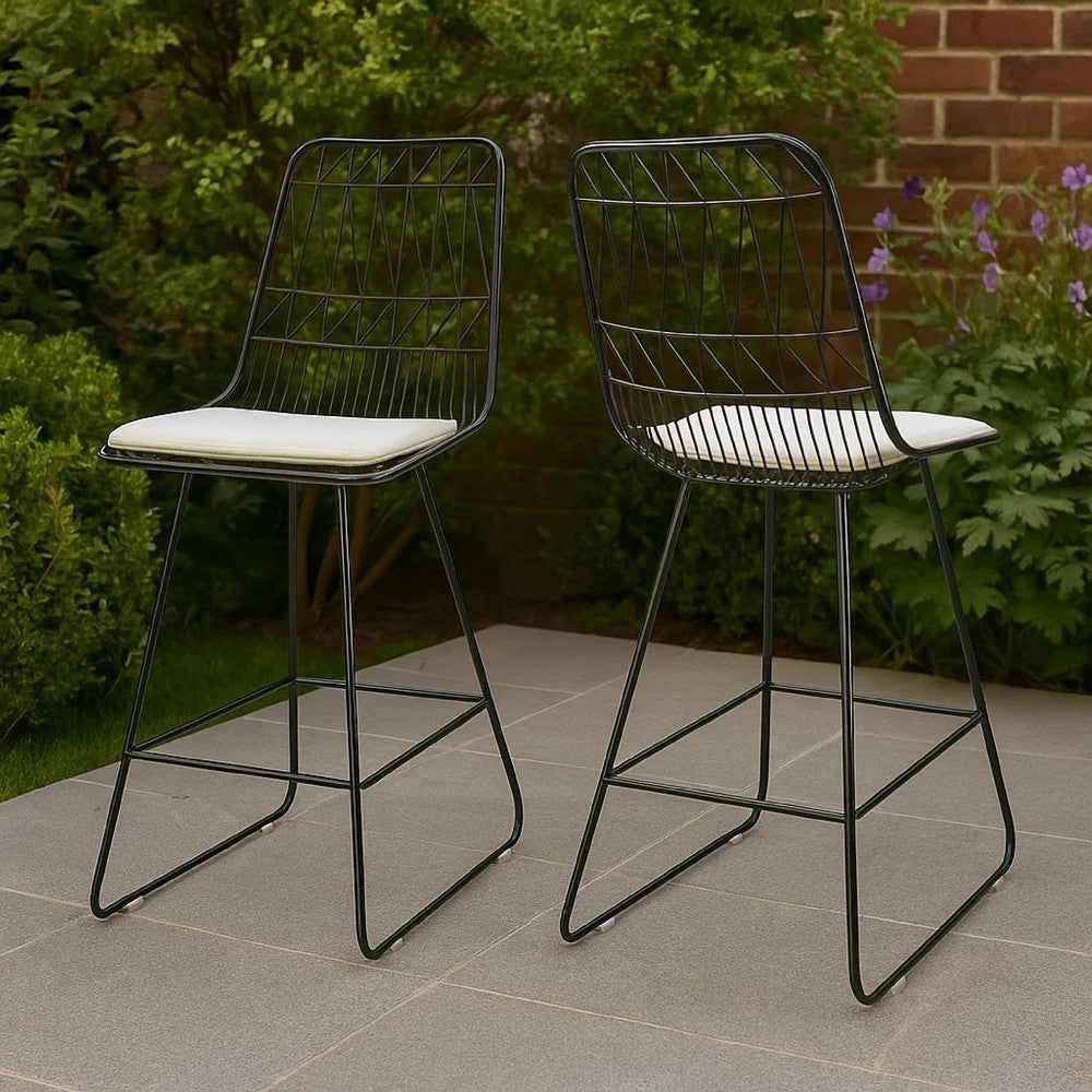 Outdoor Counter Stool Chair Set of 2, Black Iron Frame Construction