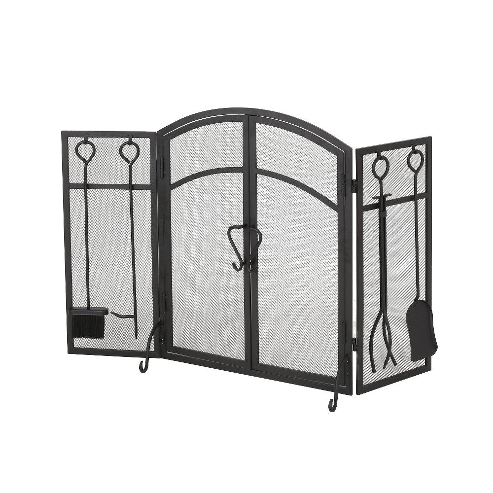 Tri Fold Fireplace Screen with 4 pcs Tool Set, Fine Mesh, Black Doors