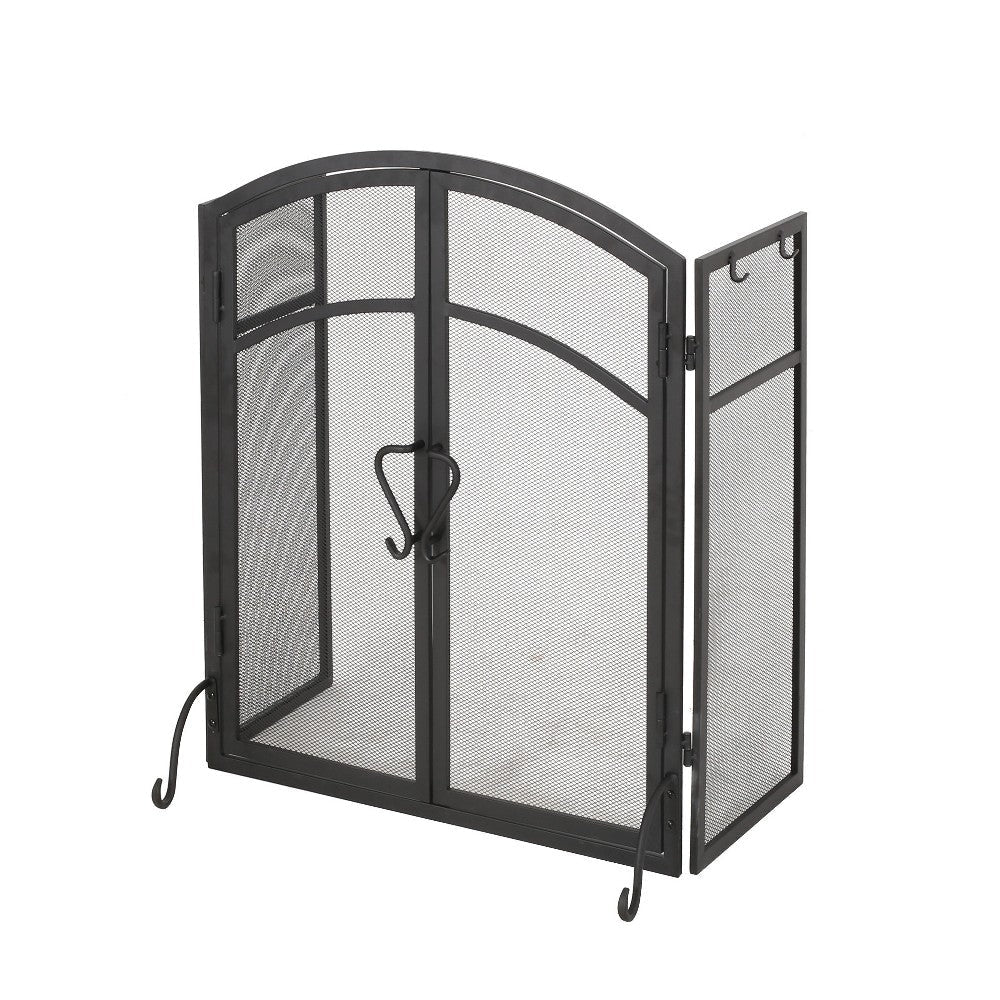 Tri Fold Fireplace Screen with 4 pcs Tool Set Fine Mesh Black Doors BM325004