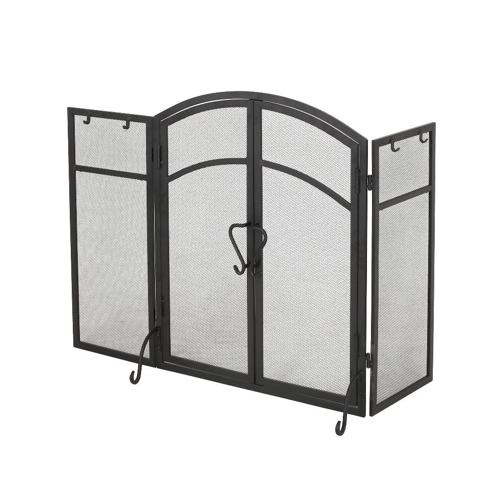 Tri Fold Fireplace Screen with 4 pcs Tool Set Fine Mesh Black Doors BM325004