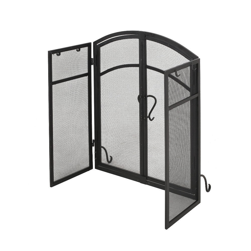 Tri Fold Fireplace Screen with 4 pcs Tool Set Fine Mesh Black Doors BM325004