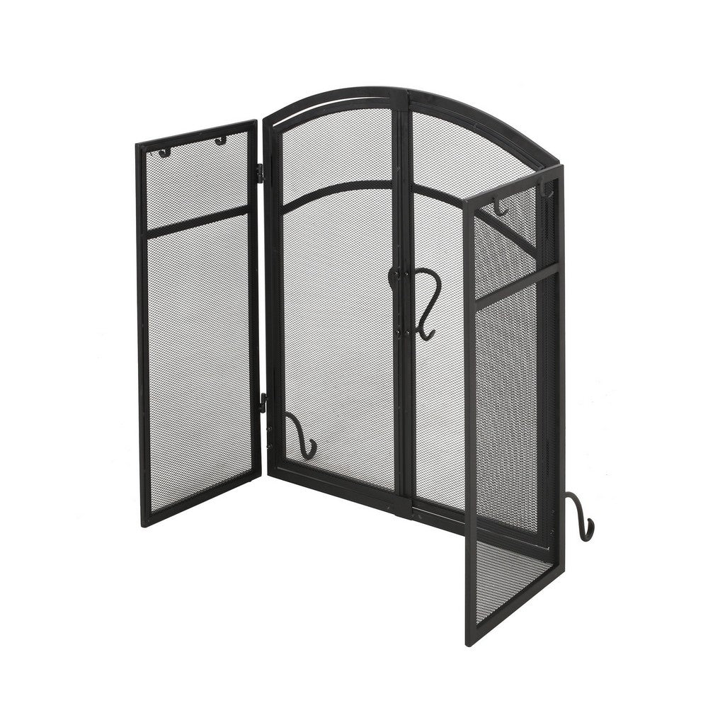 Tri Fold Fireplace Screen with 4 pcs Tool Set, Fine Mesh, Black Doors