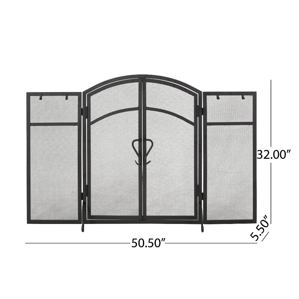 Tri Fold Fireplace Screen with 4 pcs Tool Set Fine Mesh Black Doors BM325004