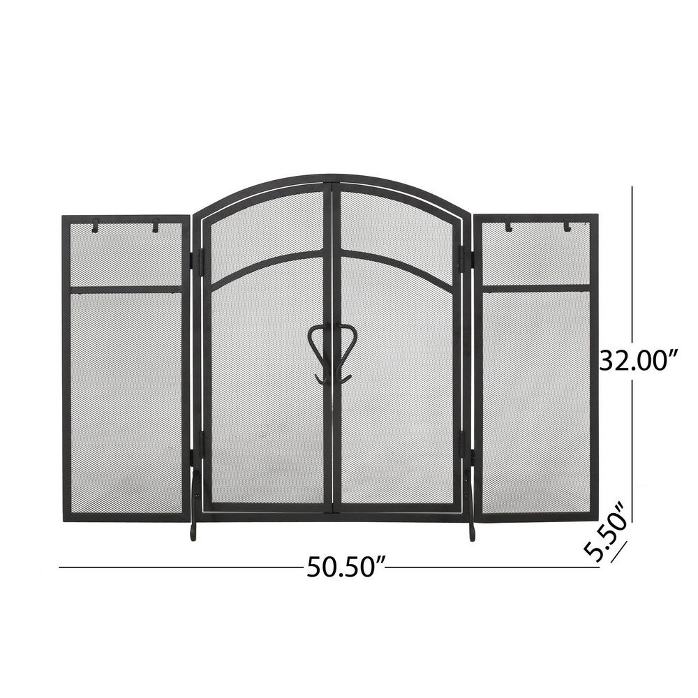 Tri Fold Fireplace Screen with 4 pcs Tool Set, Fine Mesh, Black Doors