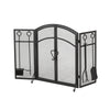 Tri Fold Fireplace Screen with 4 pcs Tool Set, Fine Mesh, Black Doors