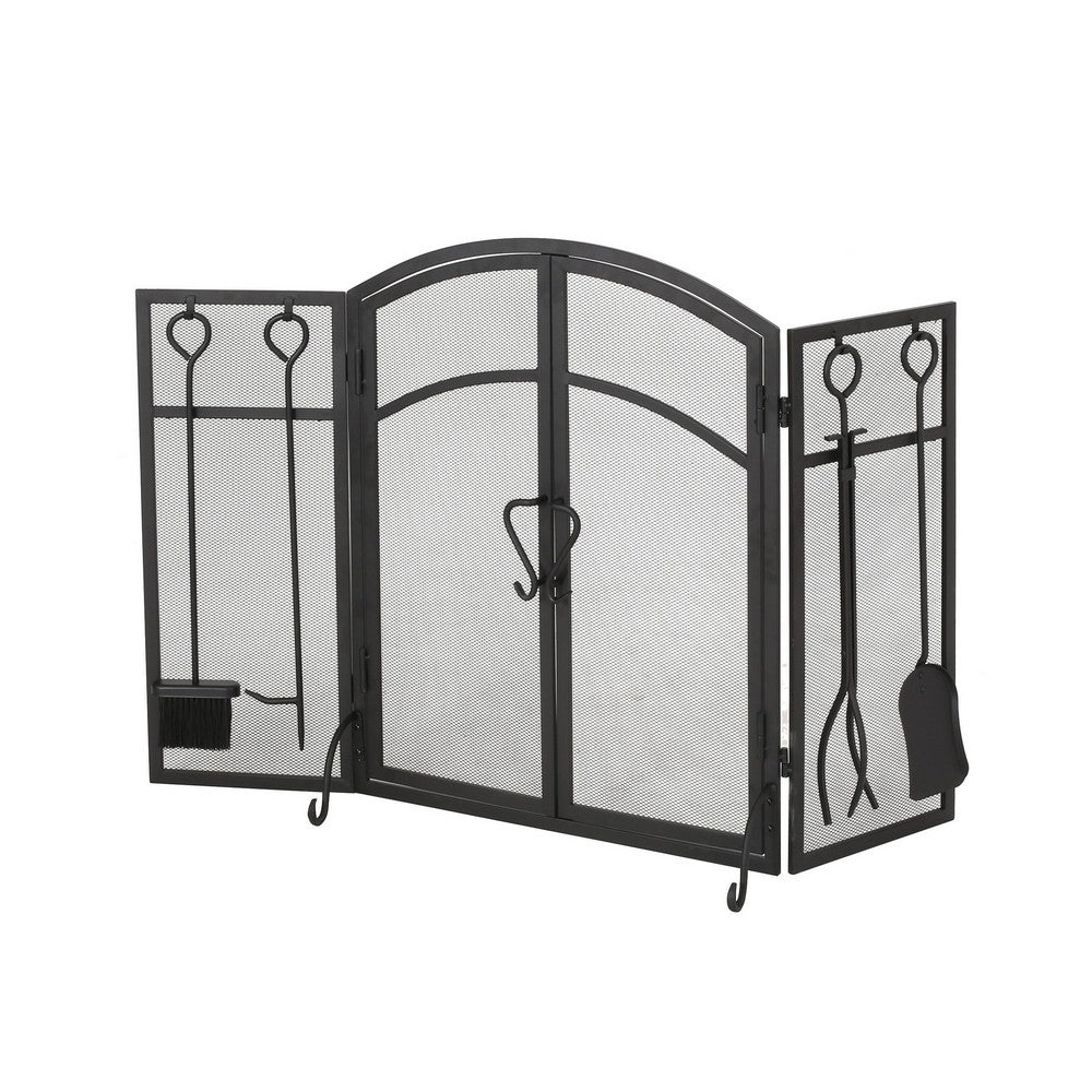 Tri Fold Fireplace Screen with 4 pcs Tool Set, Fine Mesh, Black Doors