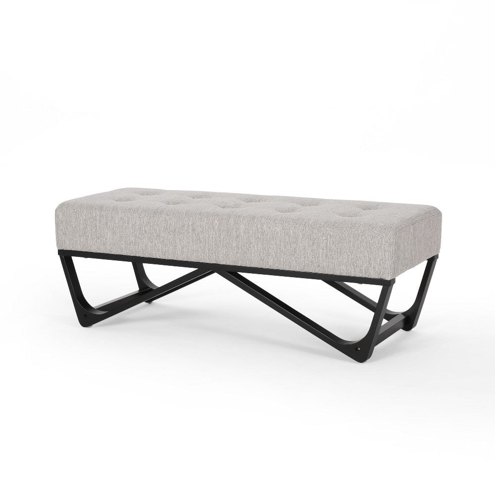 Liba Ottoman Bench, Button Tufted Beige Fabric, 47" Black Wood Frame