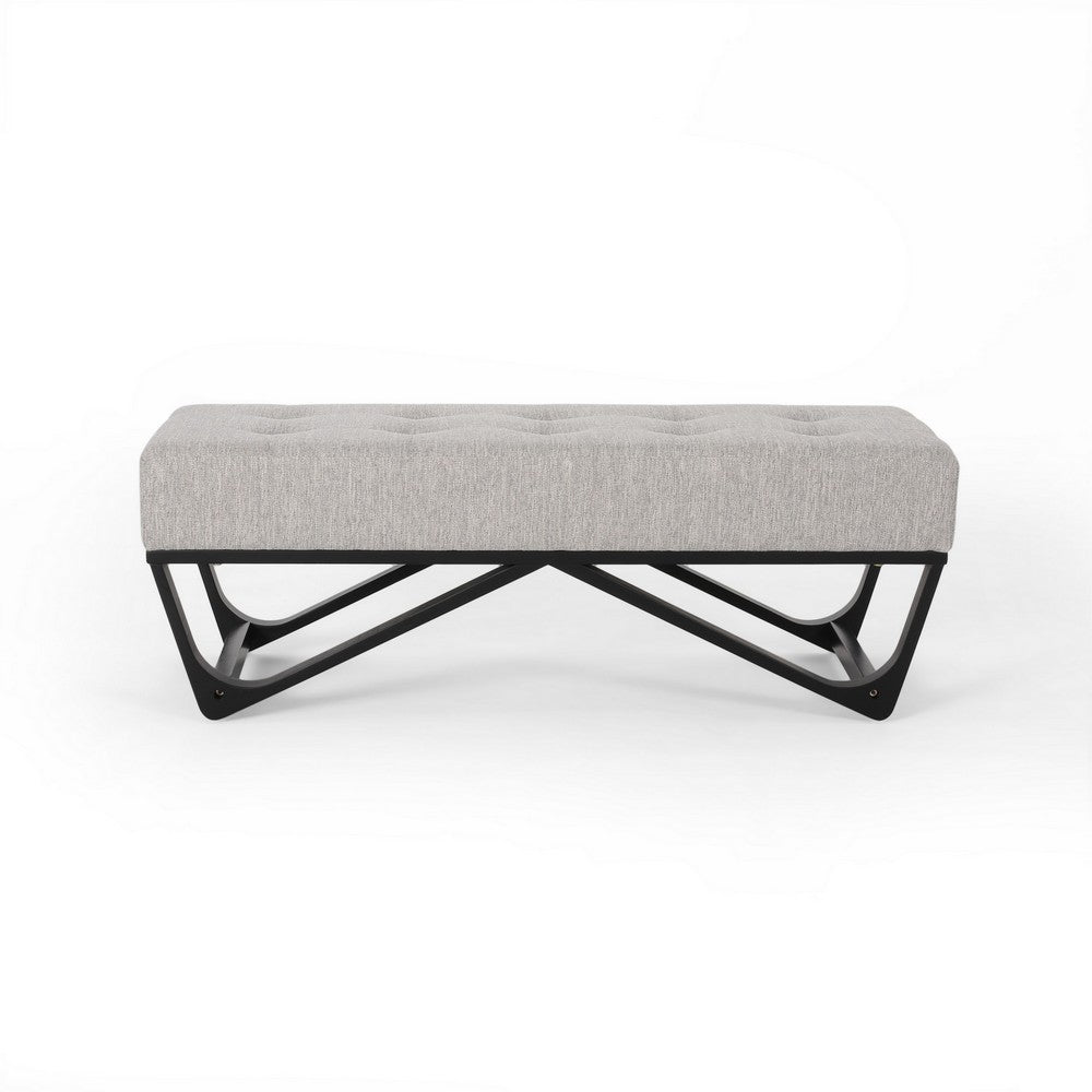 Liba Ottoman Bench, Button Tufted Beige Fabric, 47" Black Wood Frame