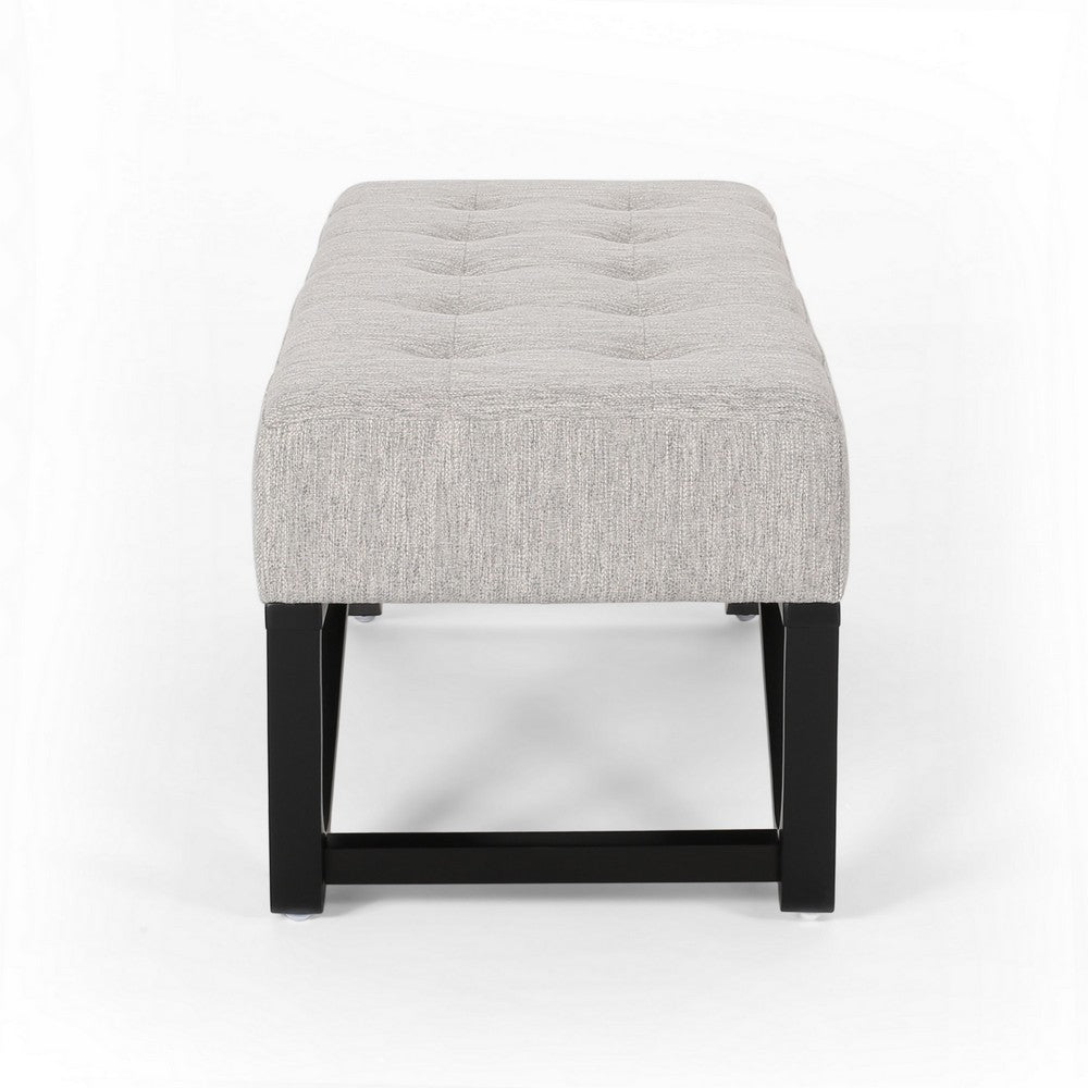 Liba Ottoman Bench, Button Tufted Beige Fabric, 47" Black Wood Frame
