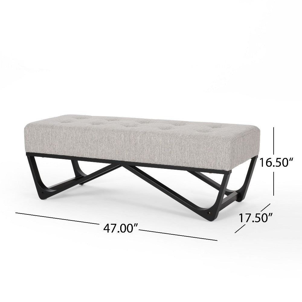 Liba Ottoman Bench Button Tufted Beige Fabric 47’’ Black Wood Frame BM325005