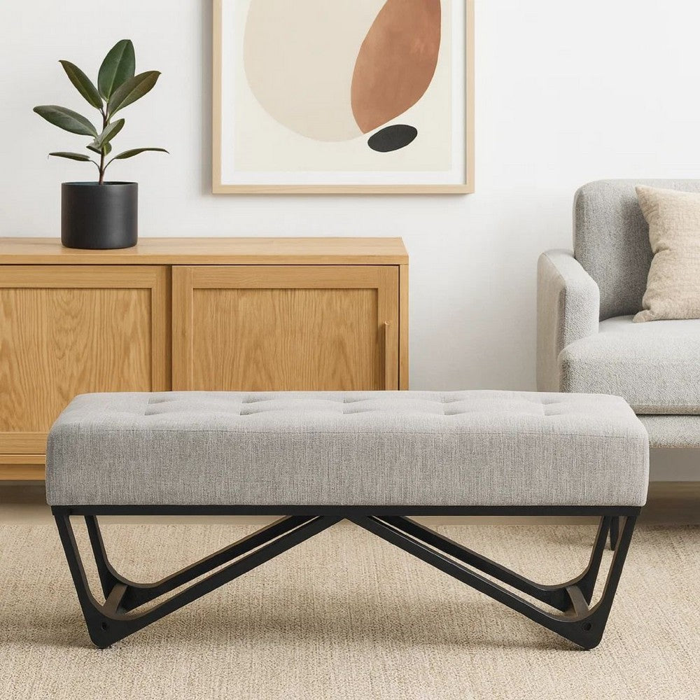 Liba Ottoman Bench, Button Tufted Beige Fabric, 47" Black Wood Frame