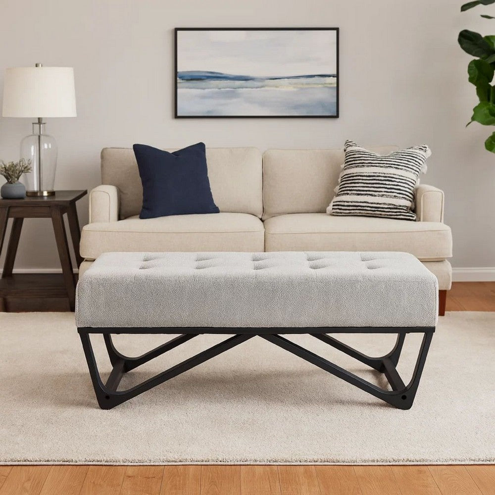 Liba Ottoman Bench, Button Tufted Beige Fabric, 47" Black Wood Frame