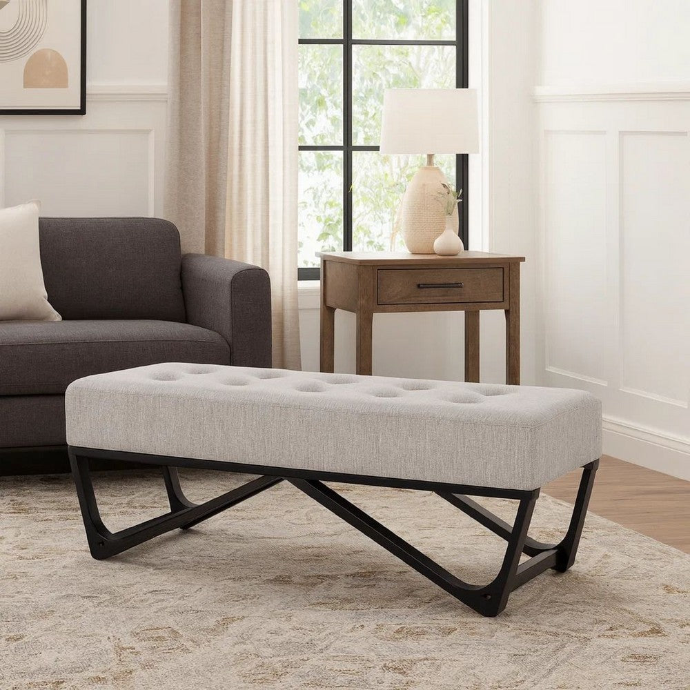 Liba Ottoman Bench, Button Tufted Beige Fabric, 47" Black Wood Frame
