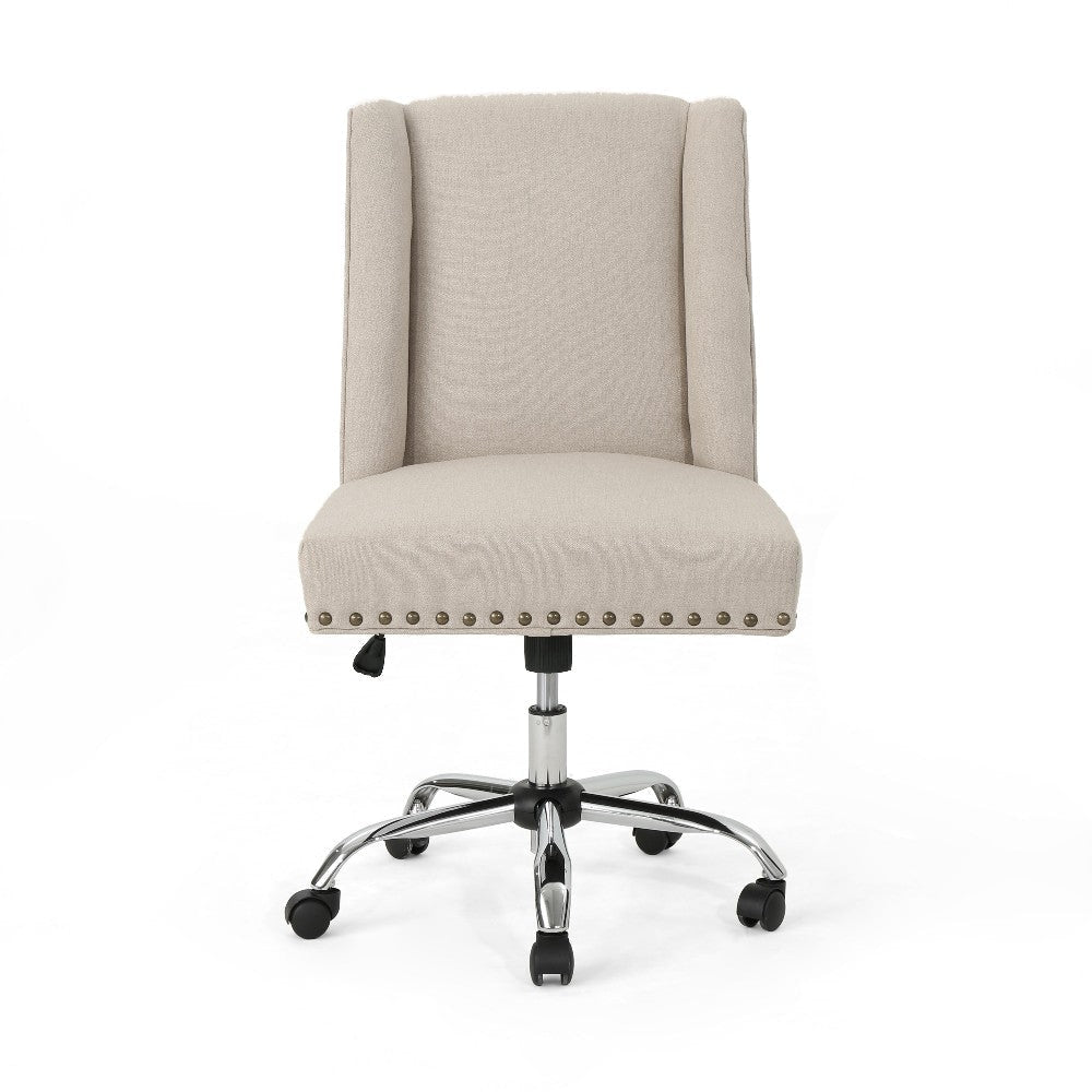 Swivel Office Chair Casters Beige Fabric with Nailhead Trim Chrome BM325006
