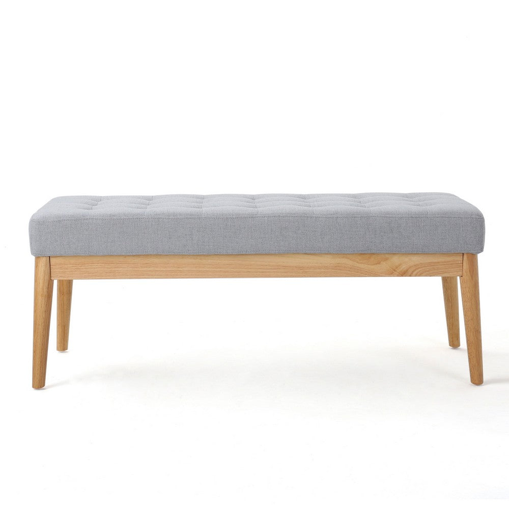 Gisa Ottoman Bench, Light Gray Fabric Tufted Seat, Brown Wood, 44"