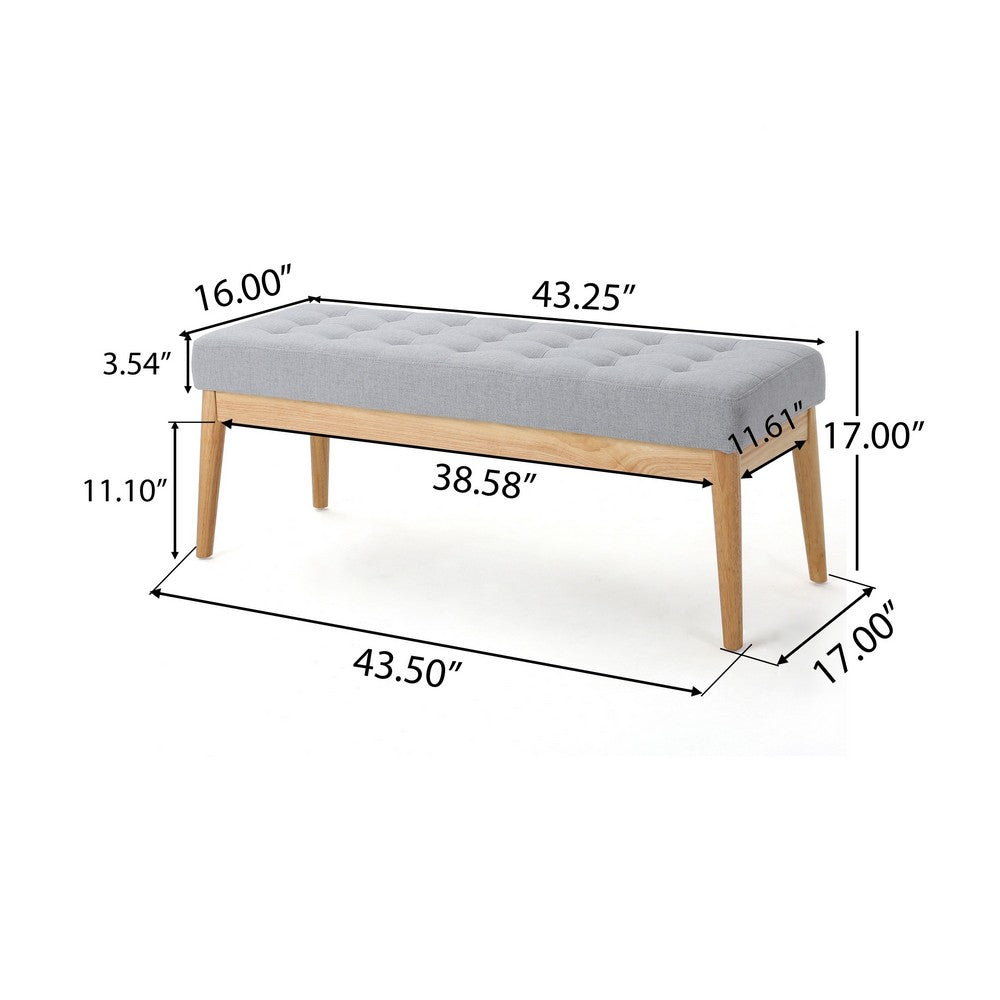 Gisa Ottoman Bench, Light Gray Fabric Tufted Seat, Brown Wood, 44"