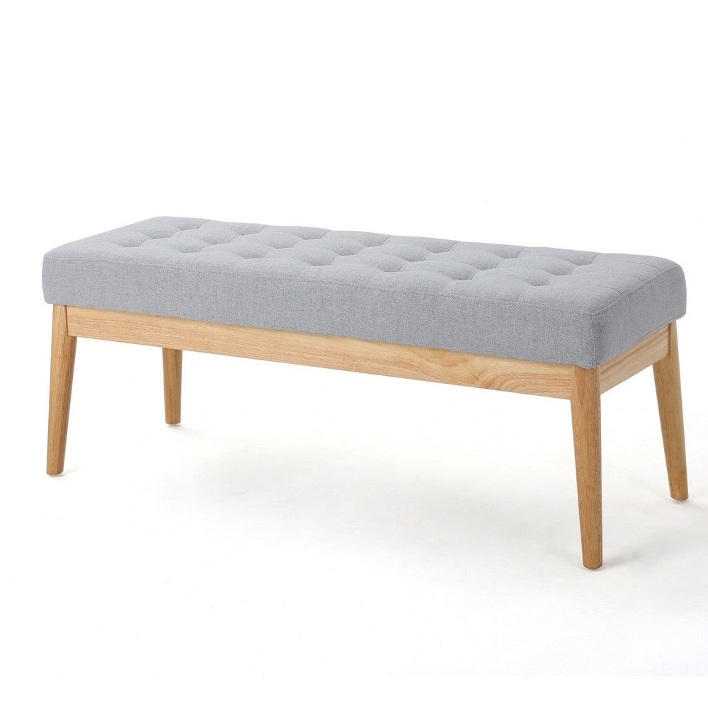 Gisa Ottoman Bench, Light Gray Fabric Tufted Seat, Brown Wood, 44"