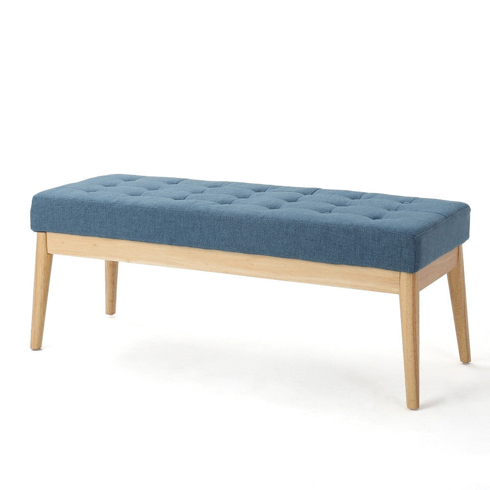 Gisa Ottoman Bench, Blue Fabric Tufted, 44" Natural Brown Wood Frame