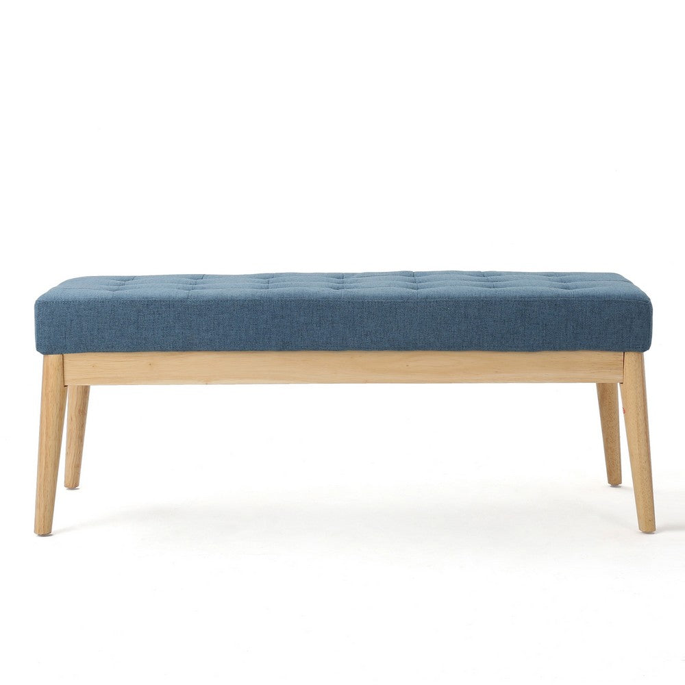 Gisa Ottoman Bench, Blue Fabric Tufted, 44" Natural Brown Wood Frame