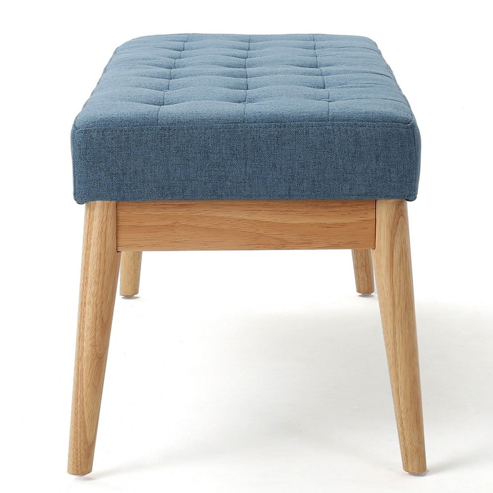 Gisa Ottoman Bench, Blue Fabric Tufted, 44" Natural Brown Wood Frame
