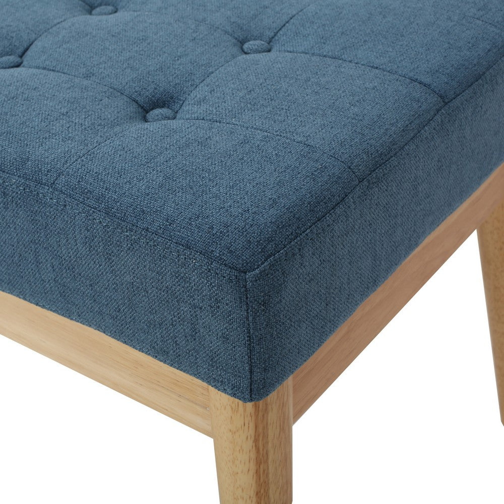 Gisa Ottoman Bench, Blue Fabric Tufted, 44" Natural Brown Wood Frame