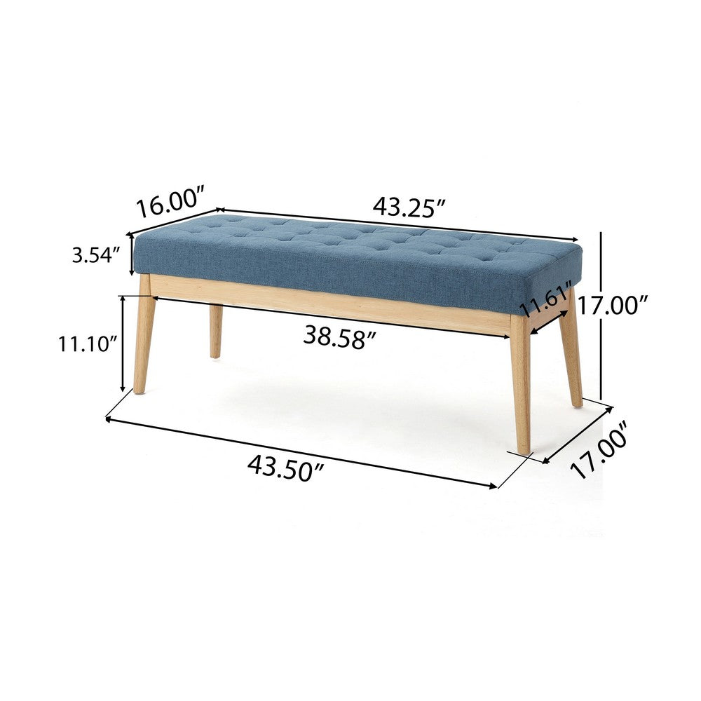 Gisa Ottoman Bench, Blue Fabric Tufted, 44" Natural Brown Wood Frame