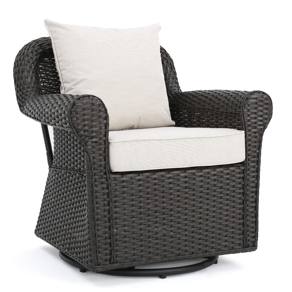 Calista Outdoor Swivel Rocker Chair, Beige Fabric, Dark Brown Wicker