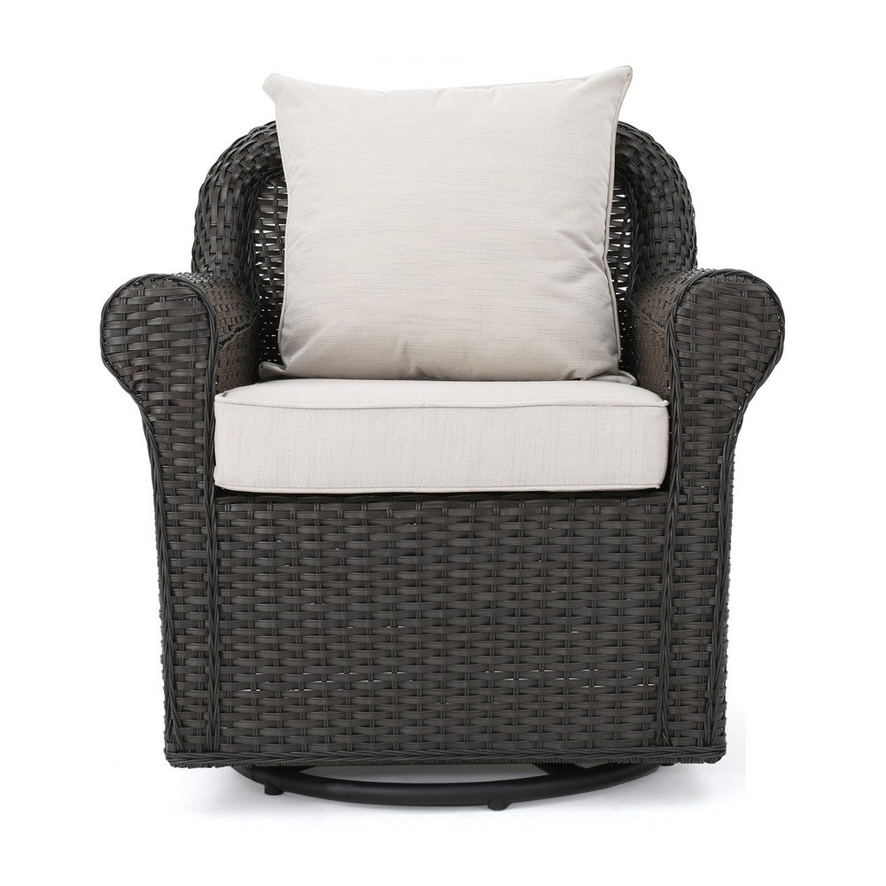 Calista Outdoor Swivel Rocker Chair, Beige Fabric, Dark Brown Wicker