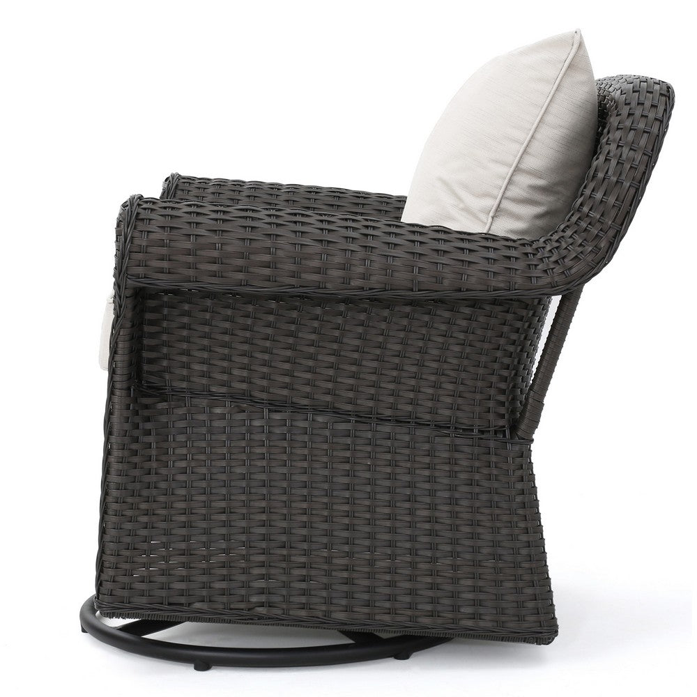 Calista Outdoor Swivel Rocker Chair, Beige Fabric, Dark Brown Wicker