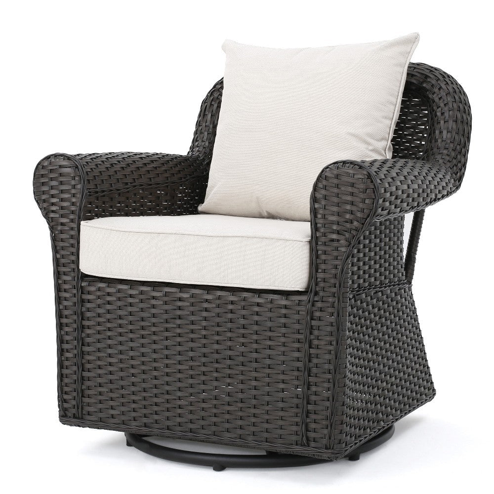 Calista Outdoor Swivel Rocker Chair Beige Fabric Dark Brown Wicker BM325009